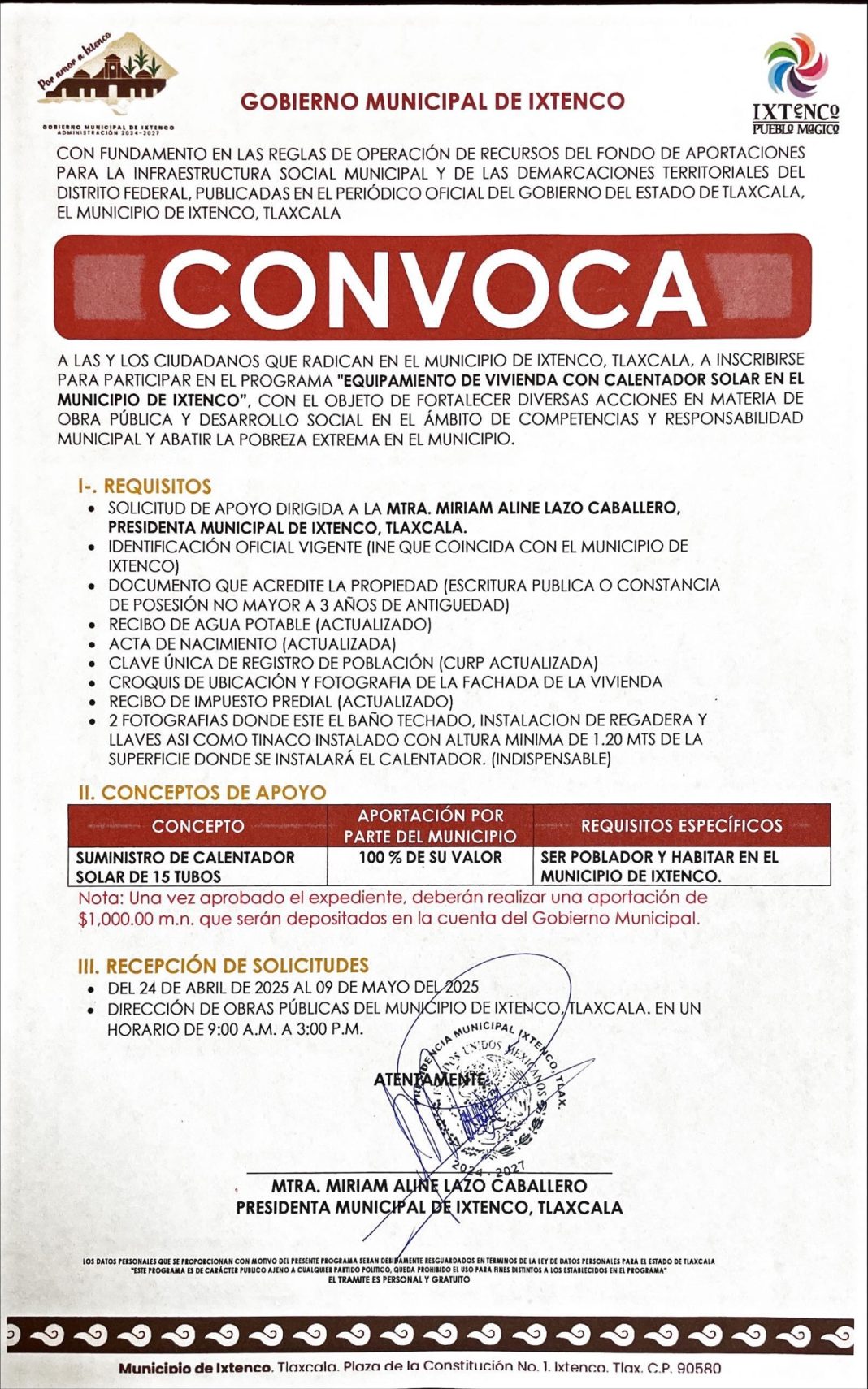 Gobierno Municipal de Ixtenco lanza convocatoria para el programa de equipamiento de vivienda con calentador solar