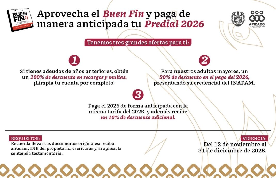 LANZA AYUNTAMIENTO DE APIZACO CAMPAÑA DE PAGO ANTICIPADO DEL PREDIAL 2026 CON GRANDES DESCUENTOS POR EL BUEN FIN