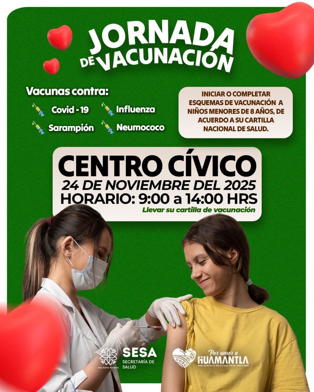 Huamantla invita a la jornada de Vacunación de Temporada Invernal en el Centro Cívico