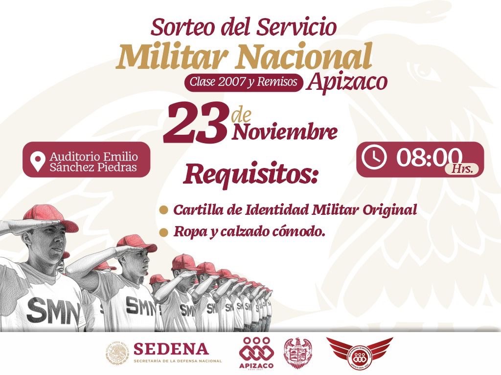 QUEDA REPROGRAMADO EL SORTEO DEL SERVICIO MILITAR NACIONAL EN APIZACO PARA EL 23 DE NOVIEMBRE