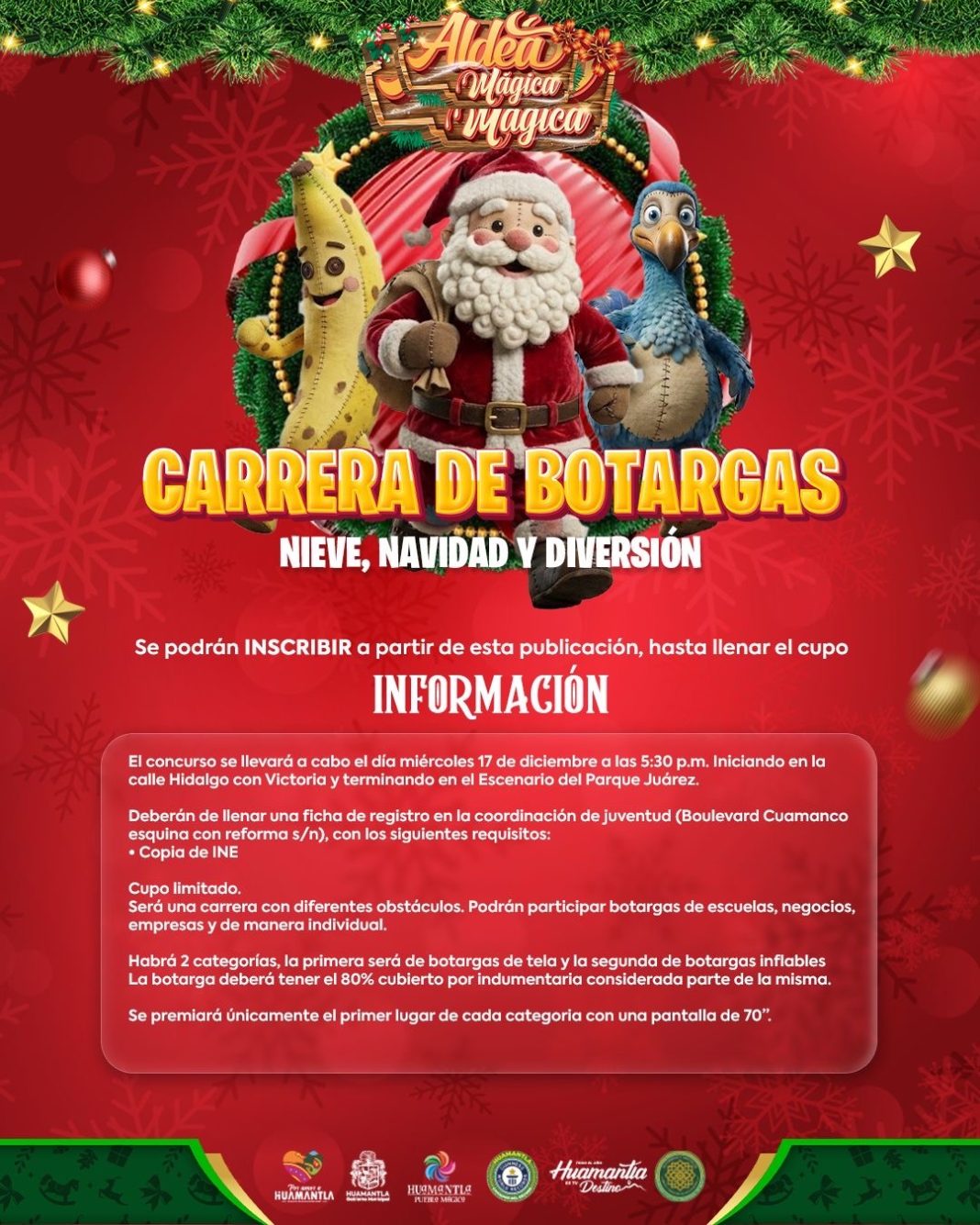Invitan a participar en la Carrera de Botargas “Nieve, Navidad y Diversión” en Huamantla