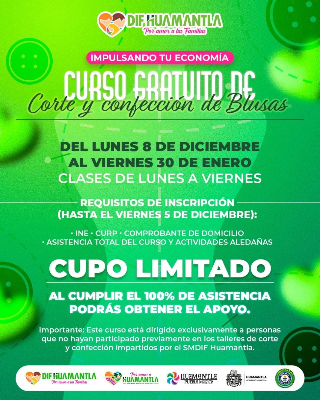 SMDIF HUAMANTLA ABRE INSCRIPCIONES PARA EL CURSO GRATUITO DE CORTE Y CONFECCIÓN DE BLUSAS