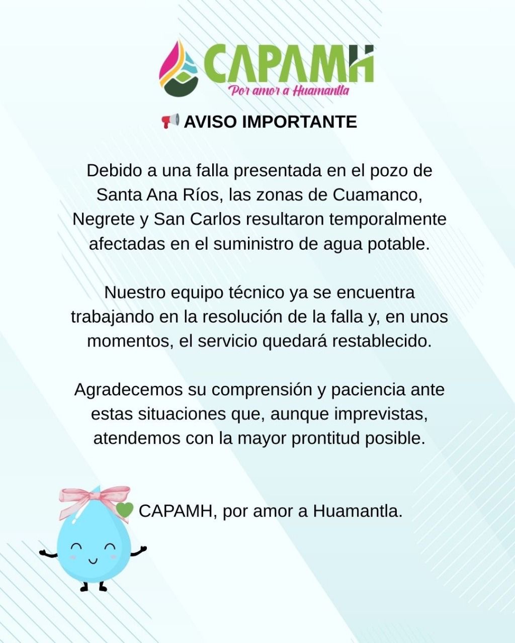 CAPAMH INFORMA SOBRE FALLA EN EL POZO DE SANTA ANA RÍOS Y AVANCE EN SU RESTABLECIMIENTO