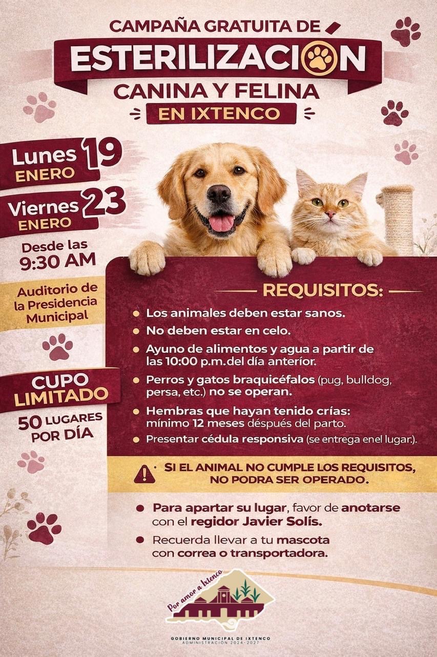 El 19 y 23 de enero habrá esterilizaciones gratuitas de perros y gatos en Ixtenco