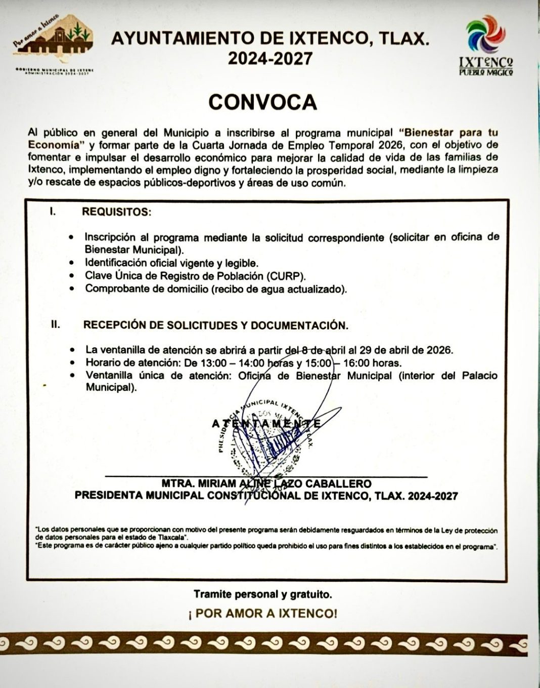 Abre Ayuntamiento de Ixtenco convocatoria para la Cuarta Jornada de Empleo Temporal 2026