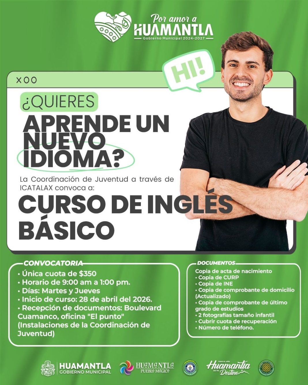 GOBIERNO MUNICIPAL DE HUAMANTLA INVITA A CURSO DE INGLÉS BÁSICO