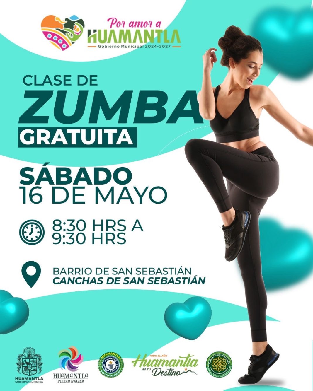 El Gobierno Municipal de Huamantla invita a las familias huamantlecas a sumarse a la clase gratuita de zumba que se llevará a cabo este sábado 16 de mayo en las canchas de San Sebastián, como parte de las acciones para fomentar la activación física, la sana convivencia y el bienestar de la ciudadanía.