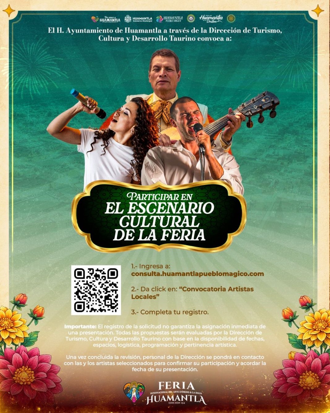 Gobierno de Huamantla convoca a artistas locales a formar parte del Escenario Cultural de la Feria Internacional del Arte Efímero y la Dalia 2026