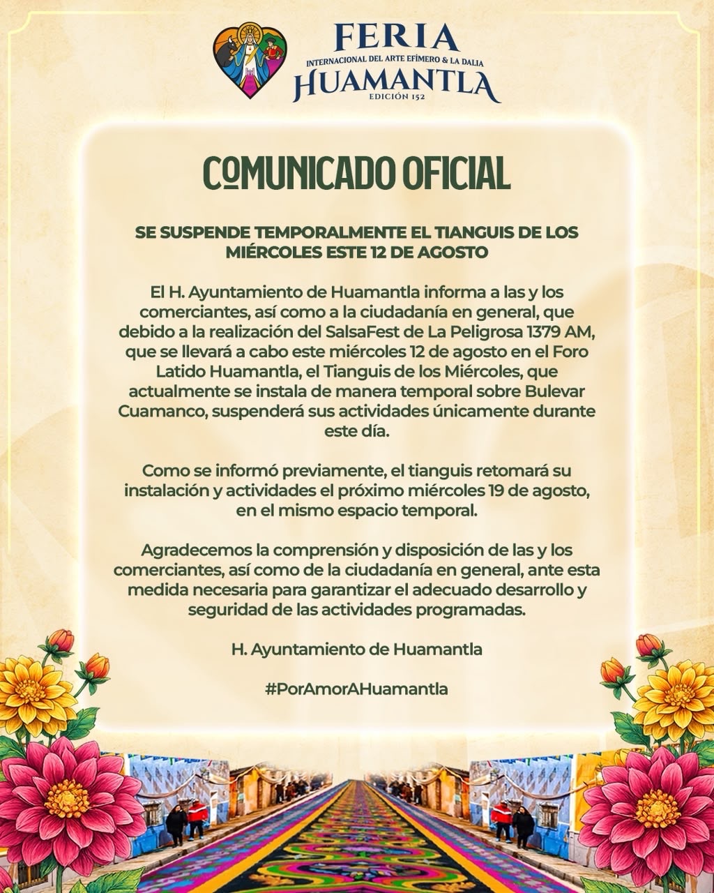 SE SUSPENDE TEMPORALMENTE EL TIANGUIS DE LOS MIÉRCOLES ESTE 12 DE AGOSTO