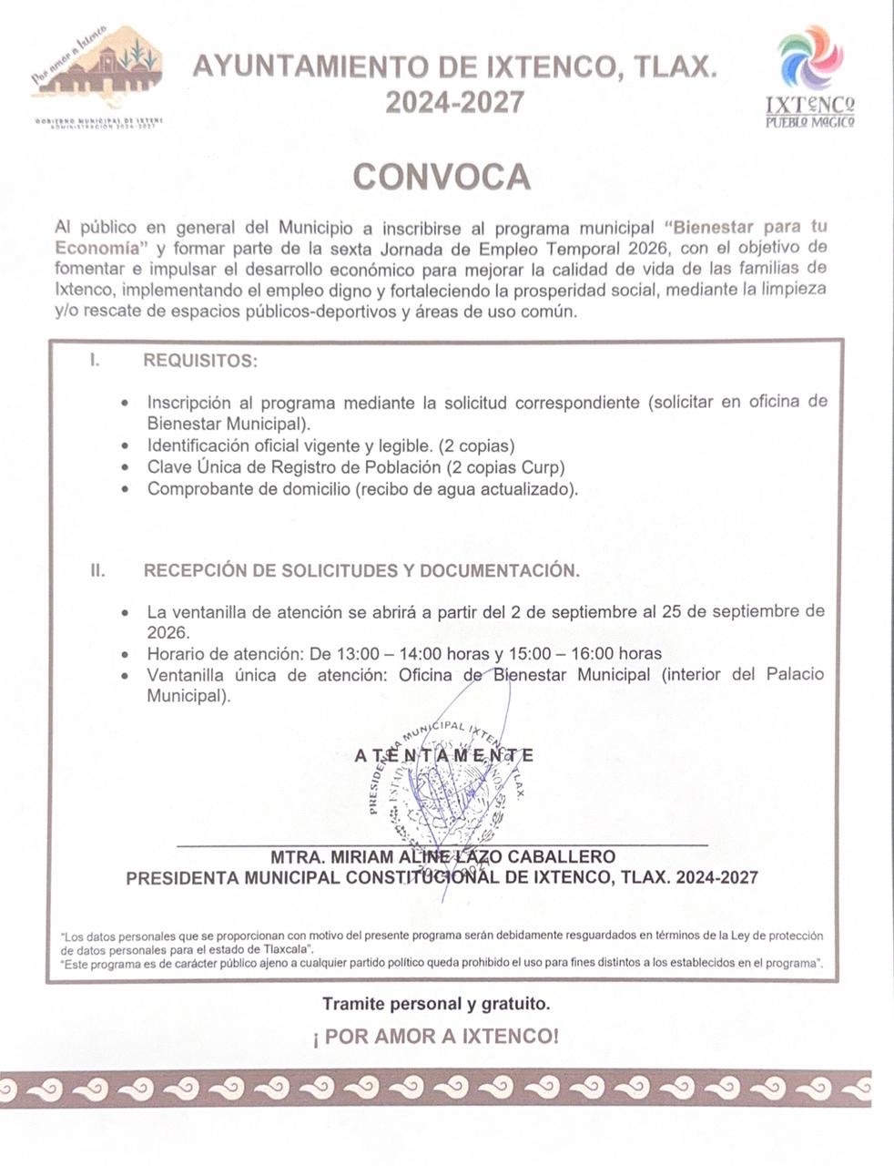 GOBIERNO DE IXTENCO ABRE CONVOCATORIA PARA LA SEXTA JORNADA DE EMPLEO TEMPORAL 2026