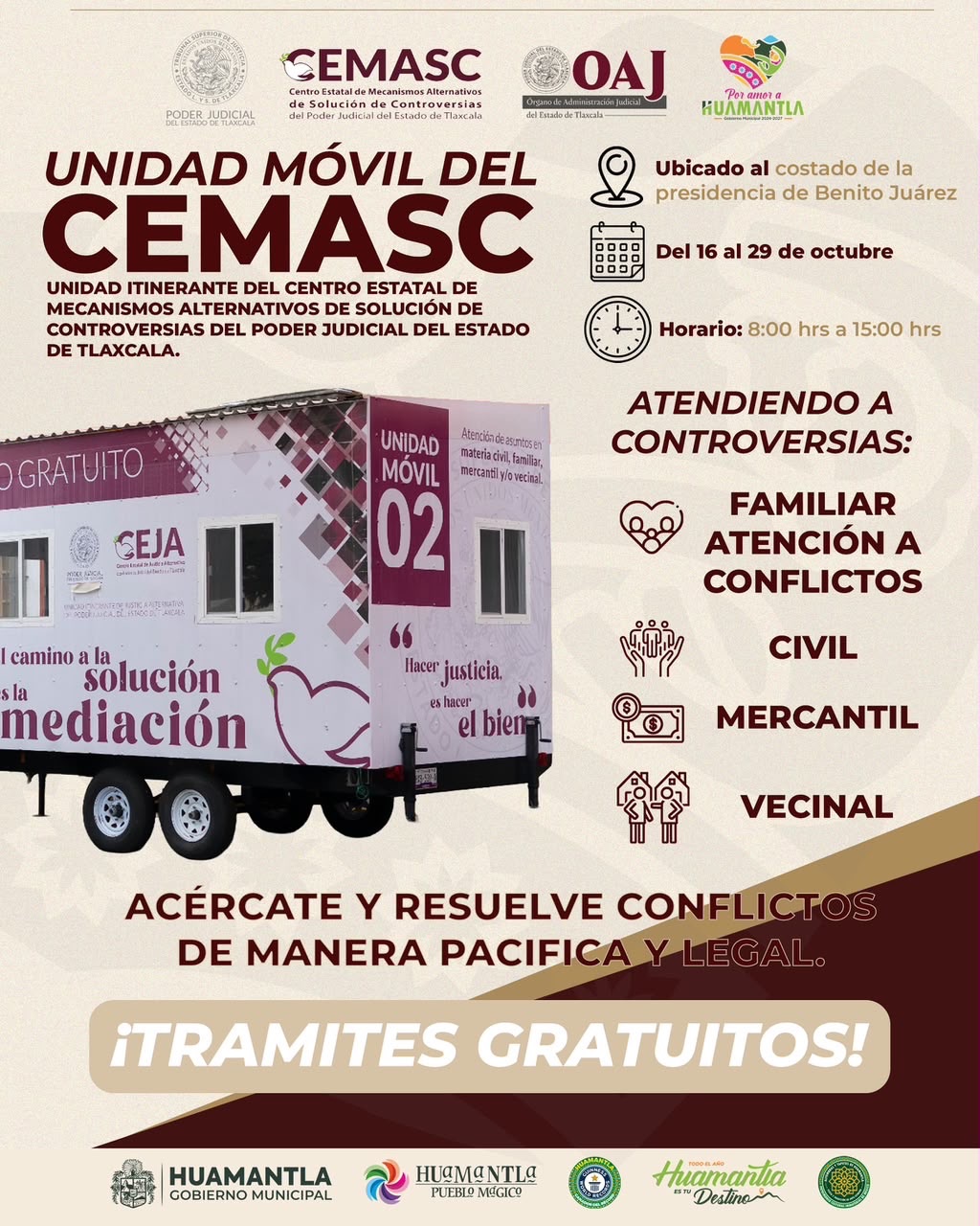 ¡ÚLTIMOS DÍAS! UNIDAD MÓVIL DEL CEMASC CONTINUARÁ BRINDANDO SERVICIOS GRATUITOS EN BENITO JUÁREZ, HUAMANTLA